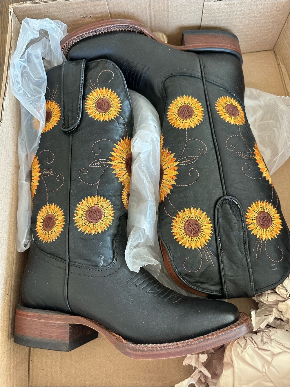 Sunflower Embroidered Black Leather Heeled Boots